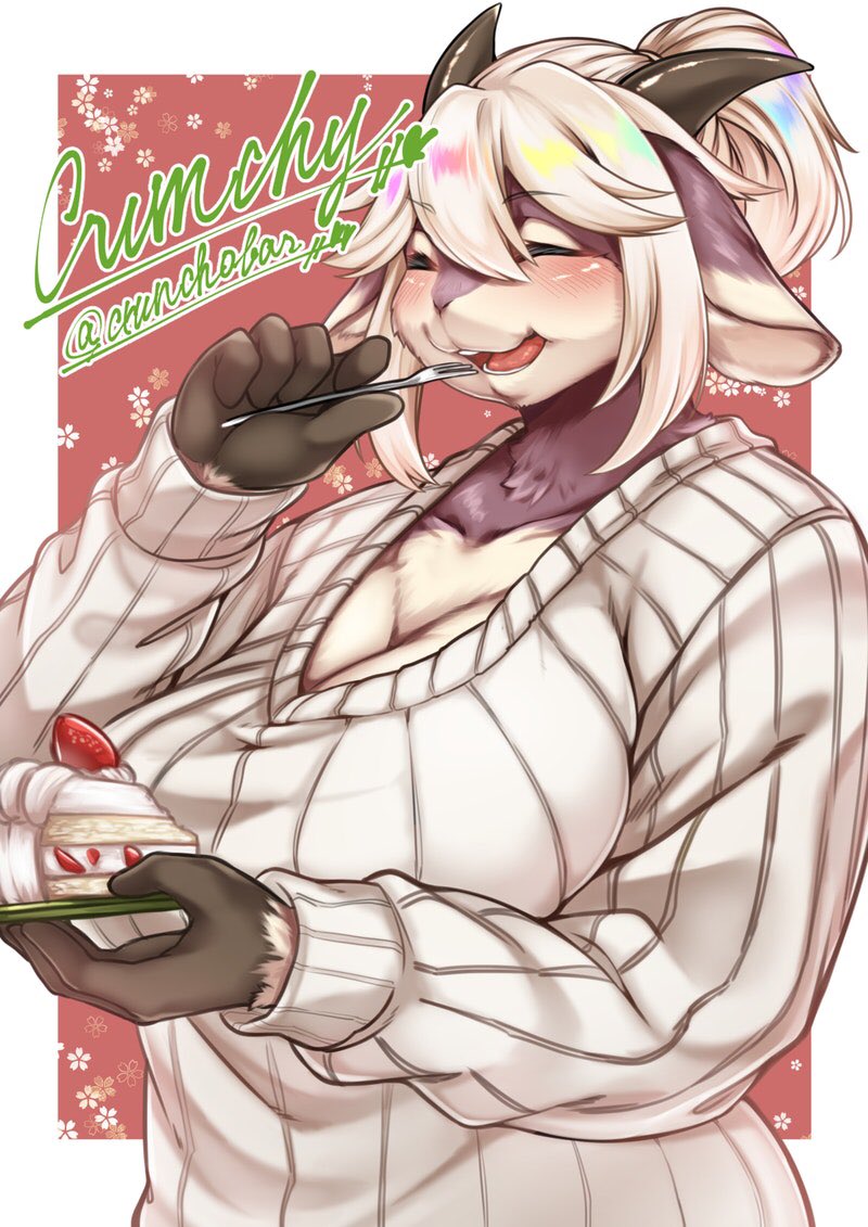 abstract_background anthro big_breasts blush breasts cake cleavage clothed clothing cutlery dessert eating eyes_closed female food fork fur gloves_(marking) hair holding_object horn iridescent iridescent_hair kemono kitchen_utensils markings multicolored_body multicolored_fur open_mouth ponytail purple_body purple_fur solo standing sweater tan_body tan_fur tools topwear two_tone_body two_tone_fur white_hair kikunoya bovid caprine goat mammal half-length_portrait portrait