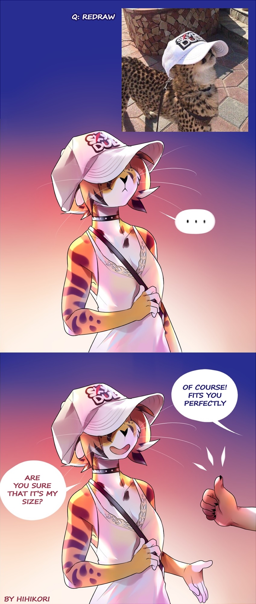 anthro clothed clothing female hat hat_over_eyes headgear headwear real text hihikori oversized_cheetah_hat cheetah felid feline king_cheetah mammal 2019 digital_media_(artwork) english_text hi_res