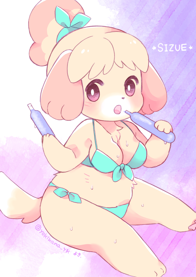 anthro bikini bodily_fluids bottle breasts cleavage clothed clothing container female looking_at_viewer open_mouth pattern_background simple_background sitting solo sweat swimwear two-piece_swimsuit water_bottle yokikana_yk animal_crossing nintendo isabelle_(animal_crossing) canid canine canis domestic_dog mammal digital_media_(artwork) shaded