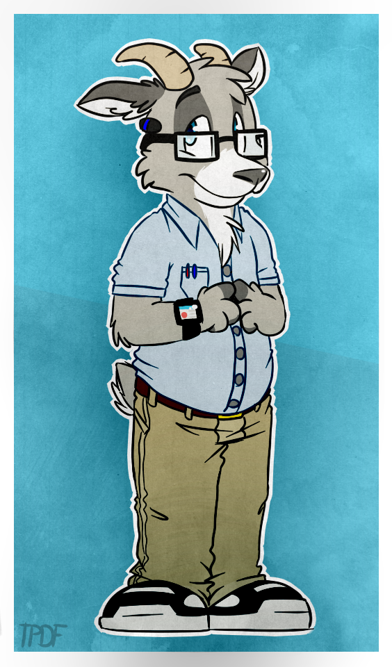 anthro black_clothing black_footwear black_shoes blue_background blue_clothing blue_eyes blue_shirt blue_topwear clothing eyewear footwear fur glasses grey_body grey_fur khaki_pants male oxford_shirt pens pocket_protector shirt simple_background solo tan_body tan_fur topwear tinydeerguy apple_inc. apple_watch gary_(tinydeerguy) bovid caprine goat mammal