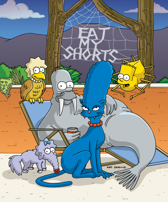 beverage_can blue_body blue_bow blue_fur cloud cloudy_sky fangs female fur group happy male offscreen_character plant sky smile teeth tree unknown_artist the_simpsons treehouse_of_horror bart_simpson cat_marge homer_simpson lisa_simpson maggie_simpson marge_simpson anteater arachnid arthropod avian bird felid mammal marine owl pantherine pilosan pinniped spider walrus xenarthran official_art