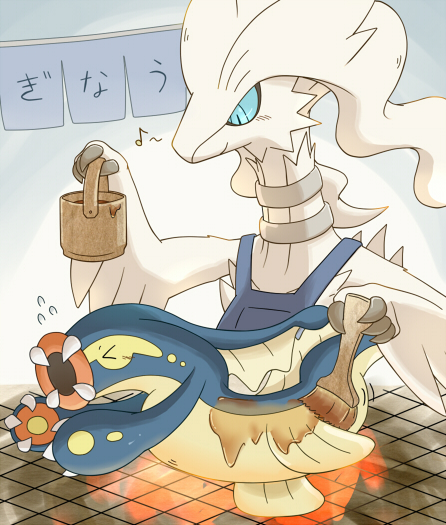 4_fingers ambiguous_gender anthro apron blue_apron blue_clothing blue_eyes clothing cooking duo eyes_closed fingers forced fur happy japanese open_mouth scared smile text white_body white_fur khaki_leaf nintendo pokemon eelektross generation_5_pokemon legendary_pokemon pokemon_(species) reshiram 2014 japanese_text