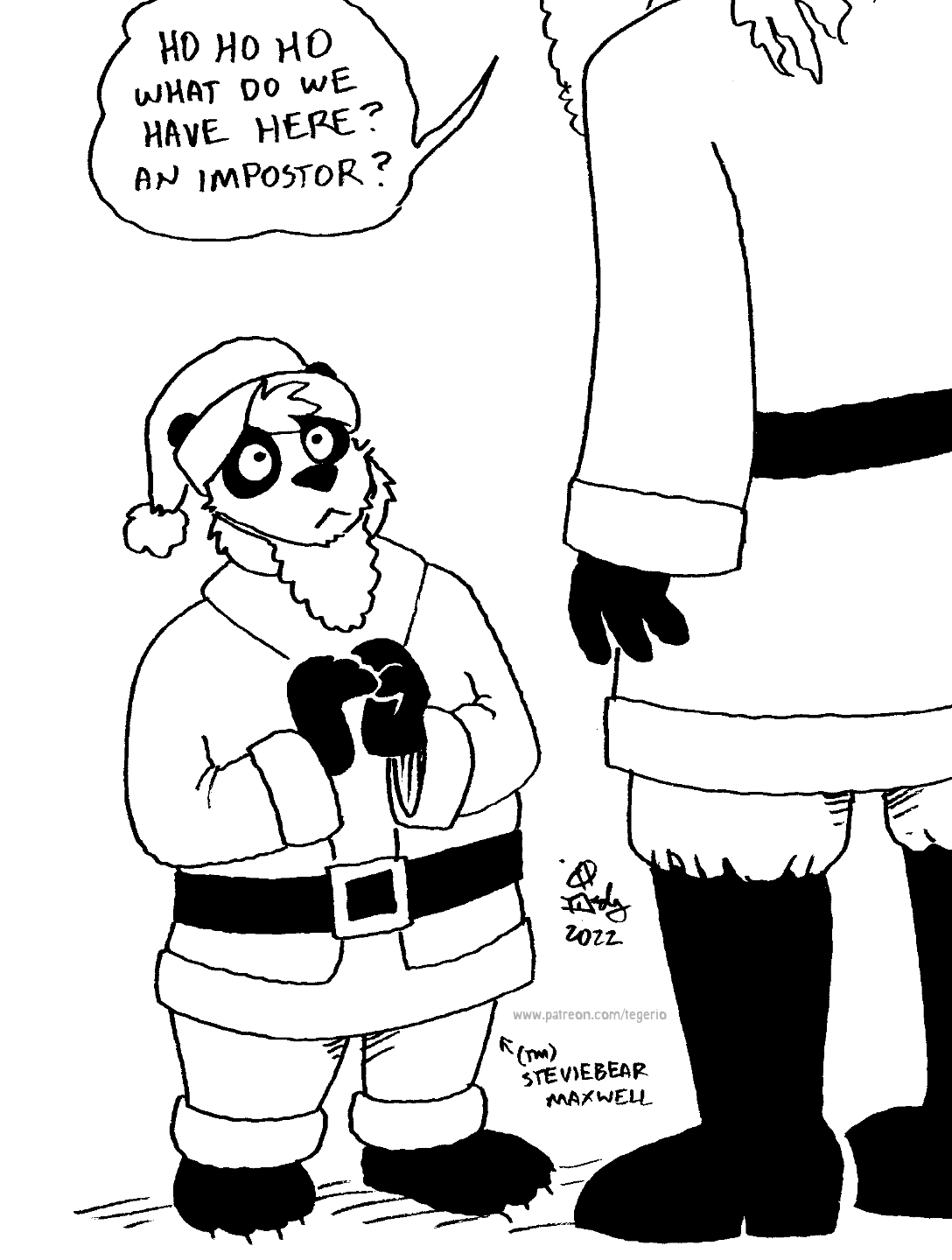 anthro barefoot boots christmas_clothing christmas_headwear clothed clothing dialogue duo fake_beard feet footwear hat headgear headwear holidays male santa_hat shoes size_difference text tegerio christmas santa_claus steviemaxwell bear giant_panda mammal 2022 black_and_white english_text hi_res monochrome