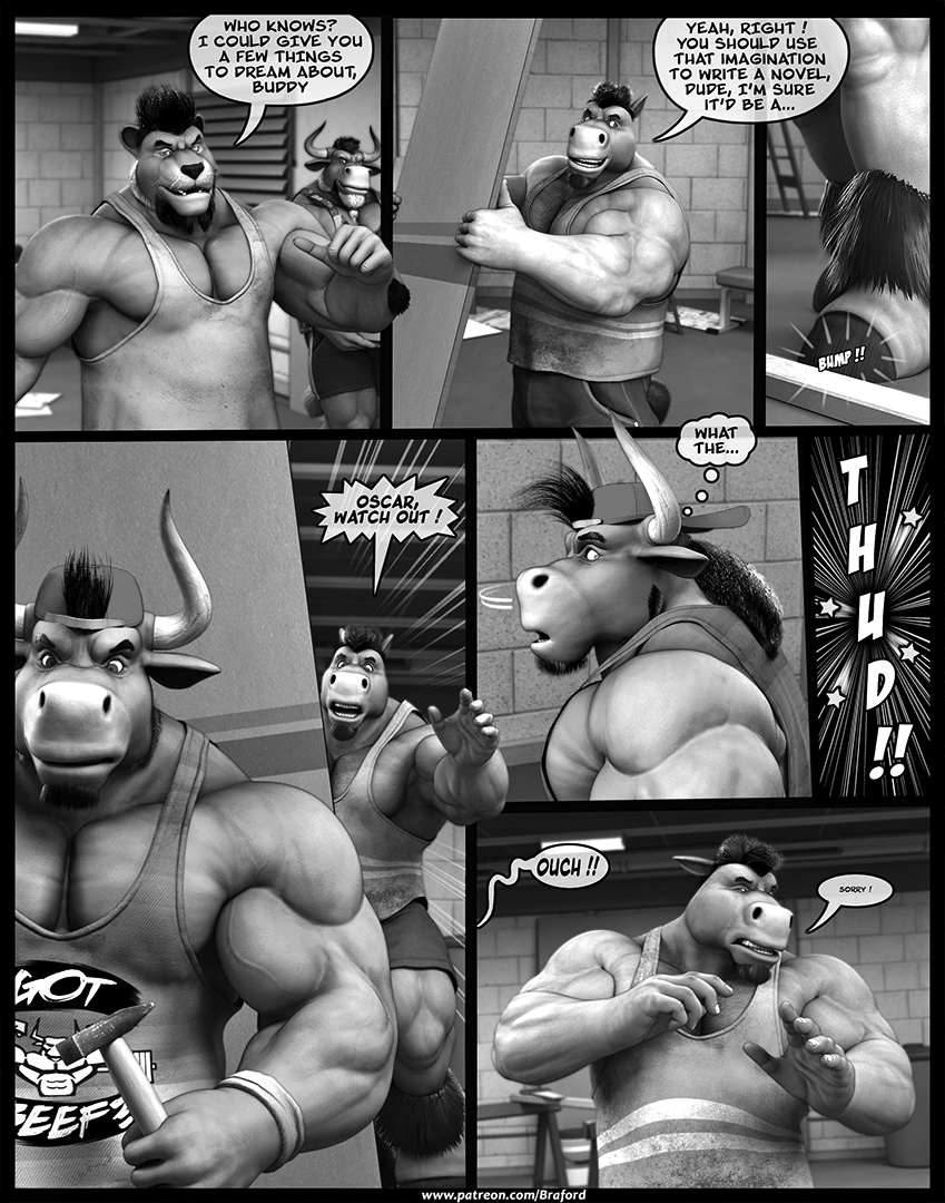 2_horns ankle_tuft anthro backwards_baseball_cap backwards_hat baseball_cap beard biceps big_muscles body_hair bottomwear chest_hair clothing deltoids dialogue dirty_shirt dropping_object ears_down facial_hair forearm_muscles goatee hair hat headgear headwear hooved_plantigrade hooved_toes hooves horn irregular_speech_bubble leg_tuft male muscular muscular_male pattern_clothing pattern_topwear pecs pivoted_ears plantigrade pointy_speech_bubble ponytail print_clothing print_shirt print_t-shirt print_topwear shirt shorts speech_bubble striped_clothing striped_topwear stripes t-shirt tank_top text thought_bubble thud topwear tuft vein veiny_muscles braford dozer_(braford) kurt_(braford) oscar_(braford) simon_(braford) bovid bovine cattle equid equine felid horse lion mammal pantherine 2017 3d_(artwork) comic digital_media_(artwork) english_text monochrome