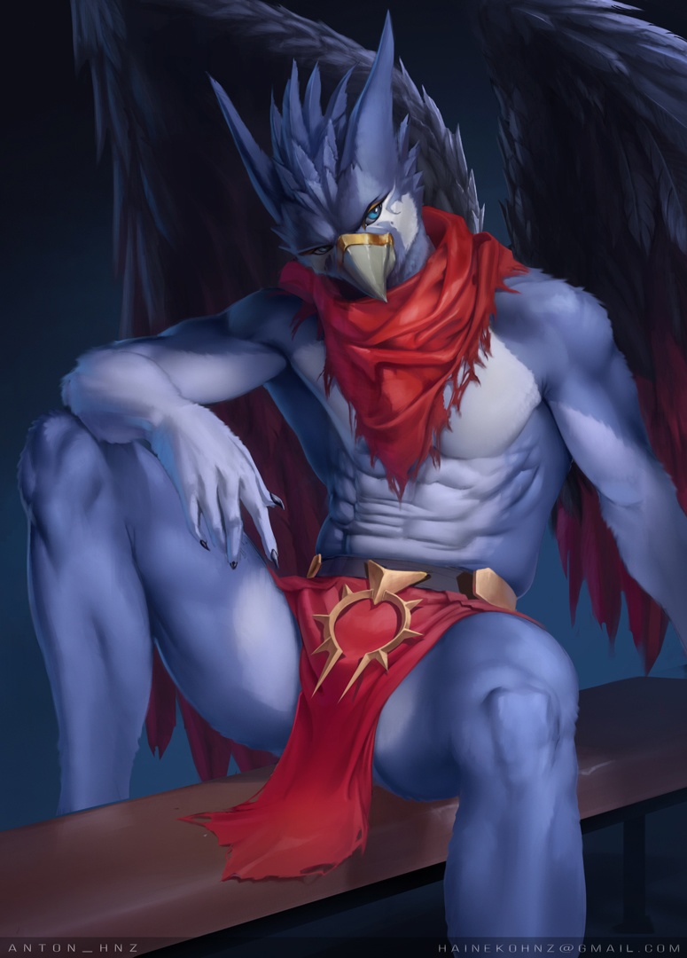 anthro beak claws clothing feathered_wings feathers male pose simple_background solo underwear wings hnz azurisz avian bird digital_media_(artwork)