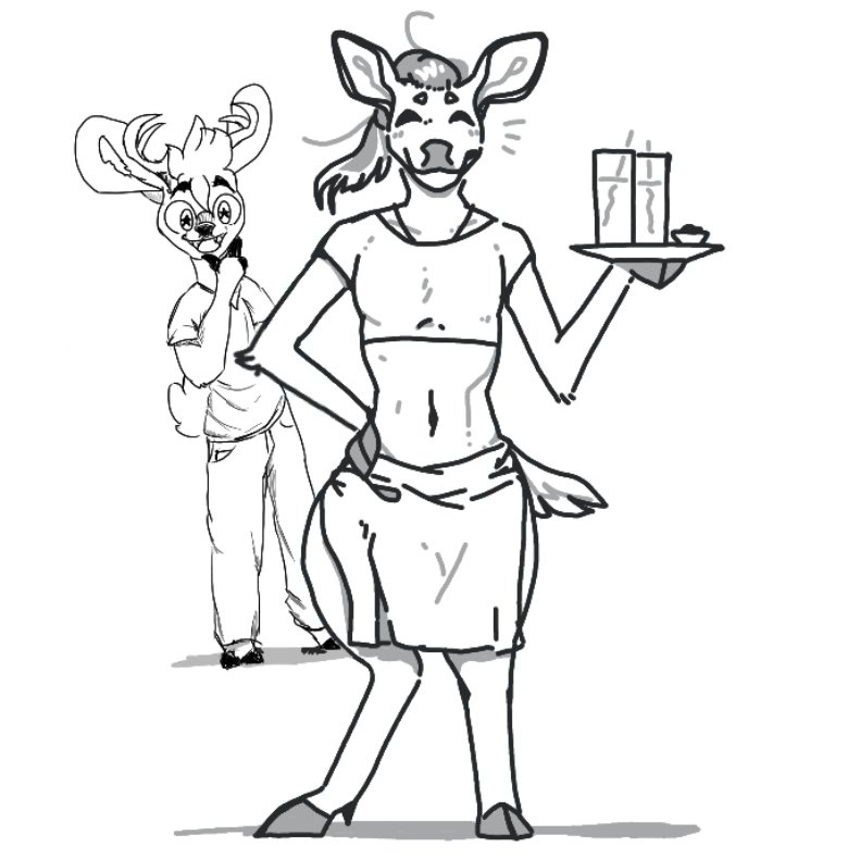 anthro antlers apron beverage bottomwear clothed clothing container cup drinking_straw duo eyebrows eyes_closed fingers fully_clothed fur hair hand_on_hip hand_on_own_hip holding_tray hooved_fingers hooves horn looking_at_another male male_anthro midriff navel pants scut_tail shirt short_tail smile standing tail topwear unguligrade waiter waiter_tray dyyrlysh fluffyc0bra kristoffer_everglade deer mammal new_world_deer white-tailed_deer 1:1 2020 artist_collaboration digital_drawing_(artwork) digital_media_(artwork) greyscale monochrome