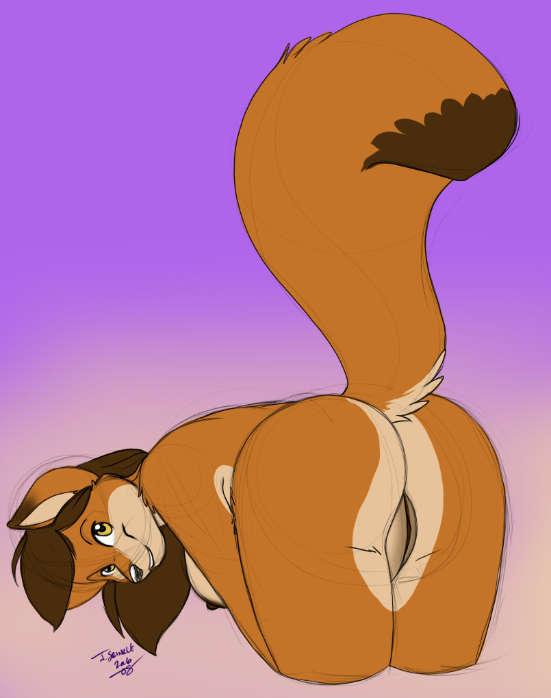 anthro bent_over breasts brown_hair female genitals hair looking_at_viewer nude presenting pussy raised_tail side_boob simple_background solo tail yellow_eyes os rusti canid canine mammal 2016