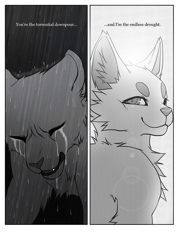 ambiguous_gender bodily_fluids crying feral raining sad smile tears text falvie falvie_(character) canid fionbri mammal 2011 comic digital_media_(artwork) english_text greyscale monochrome unavailable_at_source female_(lore)