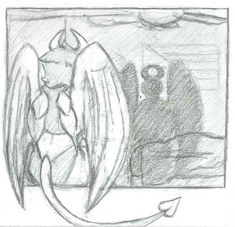 ambiguous_gender duo feathered_wings feathers guardian horn membrane_(anatomy) membranous_wings protecting protective rear_view shadow sleeping spade_tail stalking tail wings wings_folded rendakobold angel demon humanoid graphite_(artwork) monochrome traditional_media_(artwork)