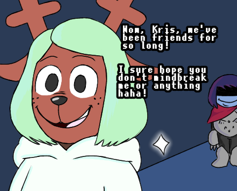 ambiguous_gender anthro antlers armor clothing duo female freckles horn mind_break oblivious save_point snowgrave text anonymous_artist deltarune undertale_(series) kris_(deltarune) noelle_holiday deer human mammal monster english_text low_res