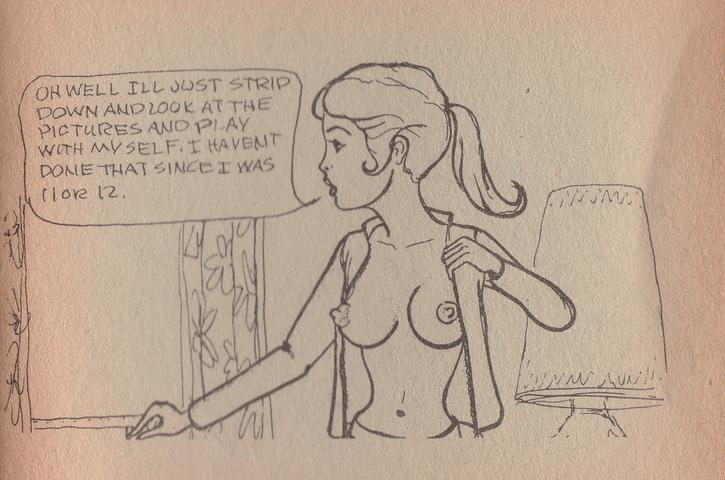 breasts clothed clothing curtains dialogue female hair lamp navel nipples not_furry open_clothing open_shirt open_topwear ponytail shirt solo speech_bubble text tijuana_bible topwear undressing window unknown_artist human mammal 20th_century ancient_art comic english_text monochrome traditional_media_(artwork)