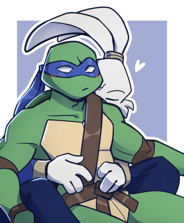 blush duo eyes_closed heart_symbol hug kerchief male male/male romantic simple_background unknownplants teenage_mutant_ninja_turtles usagi_yojimbo leonardo_(tmnt) miyamoto_usagi lagomorph leporid mammal rabbit reptile scalie turtle