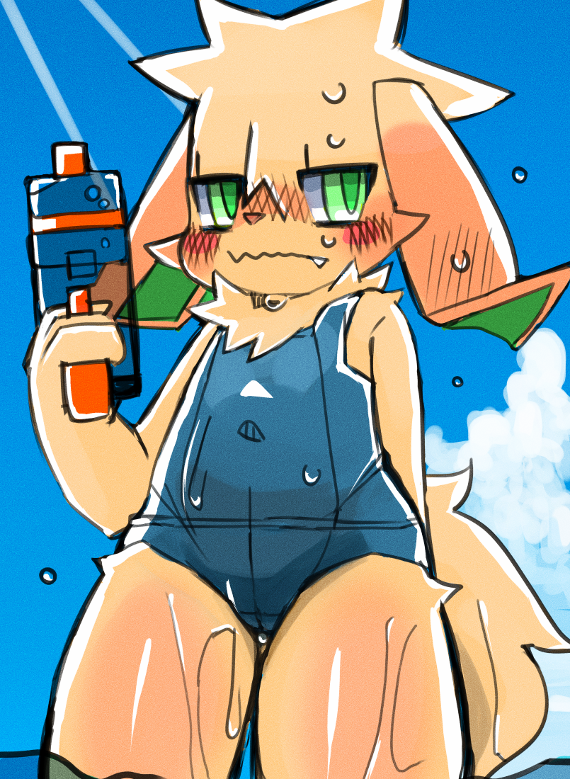 ambiguous_gender anthro blush body_blush clothed clothing cloud embarrassed fluffy fluffy_tail fur glistening green_eyes hand_behind kemono navel_outline neck_tuft one-piece_swimsuit partially_submerged school_swimsuit sun_rays swimwear tail tan_body tan_fur tan_tail toy toy_gun tuft water water_gun wet young young_ambiguous young_anthro dinogaize lagomorph leporid mammal rabbit 2018