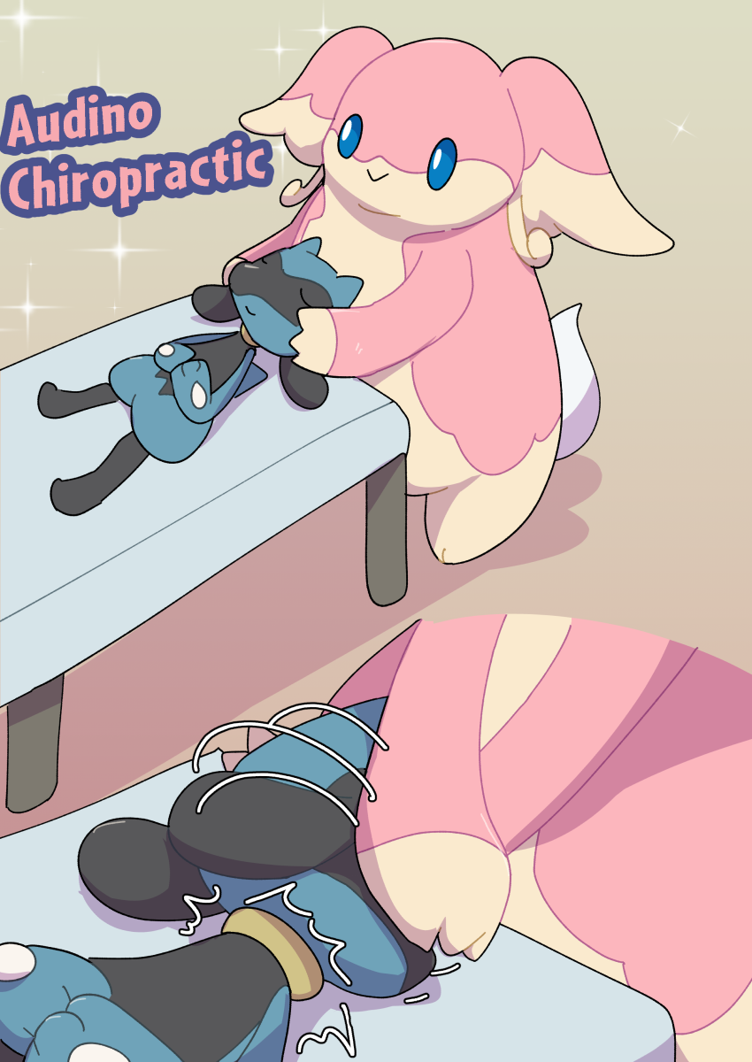 3_fingers :> ambiguous_gender anthro close-up death doing_it_wrong duo emanata eyes_closed fingers furniture holding_head killing lying neck_snap on_back on_table relaxing simple_background smile sparkles standing table boke_(artist) nintendo pokemon audino generation_4_pokemon generation_5_pokemon pokemon_(species) riolu 2024 digital_media_(artwork) hi_res