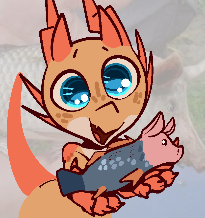 ambiguous_gender anthro big_eyes blue_eyes feral freckles horn orange_body smile smiling_at_viewer solo trufzn perec domestic_pig fish hybrid kobold lizard mammal marine reptile scalie suid suina sus_(pig)