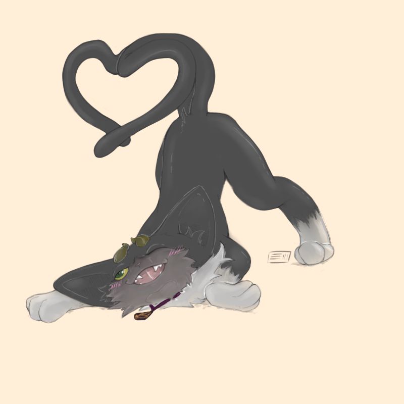 2_tails ass_up black_body black_fur drunk fangs feral fur heart_symbol horn male multi_tail open_mouth smile solo substance_intoxication tail teeth avoid_posting fallenarts blue_exorcist kuro_(blue_exorcist) demon felid feline mammal