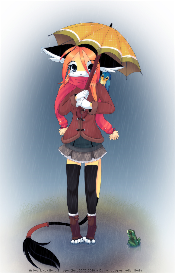 anthro beak bottomwear clothed clothing female footwear fully_clothed holding_object holding_umbrella legwear outside puddle raining scarf skirt socks solo tail tail_tuft toeless_footwear toeless_socks tuft umbrella luna777 taratsu_(character) amphibian avian bird frog moondog