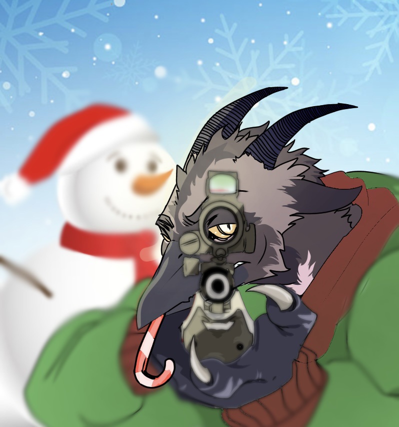 anthro beak brown_body candy candy_cane claws clothed clothing dessert ears_back finger_claws food gun holidays horn male pivoted_ears ranged_weapon rifle sniper_rifle snowman solo weapon yellow_eyes lavendurr christmas mythology robin_(songbirdrobin) avian bird corvid dinosaur dromaeosaurid gryphon hybrid mythological_avian mythological_creature oscine passerine prehistoric_species reptile robin_(bird) scalie theropod digital_media_(artwork) headshot_portrait portrait