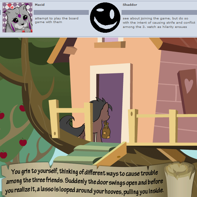 apple apple_tree bag duo food fruit fruit_tree heart_symbol lasso male plant text tree tree_house bitterplaguerat hasbro my_little_pony loki_(bitterplaguerat) earth_pony equid equine horse mammal pony 1:1 animated short_playtime