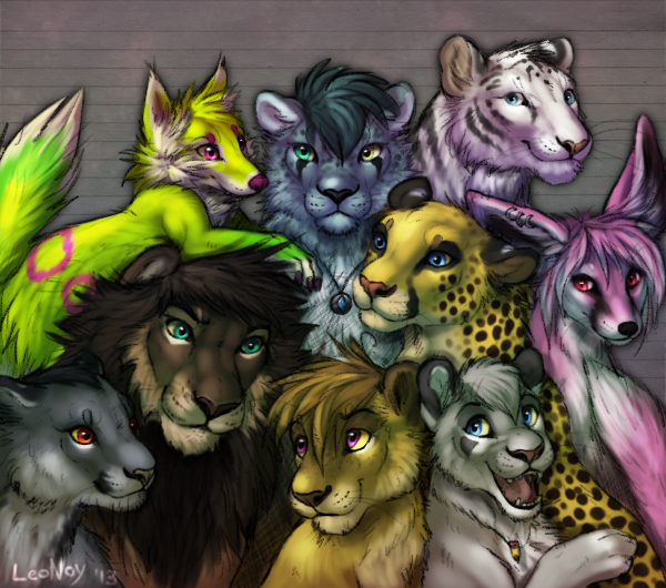 ambiguous_gender bangs female feral fur group hair heterochromia jewelry male necklace open_mouth photo piercing simple_background smile sparklefur leonoy falvie_(character) canid canine cheetah felid feline fionbri fox leopard lion mammal pantherine tiger digital_media_(artwork)