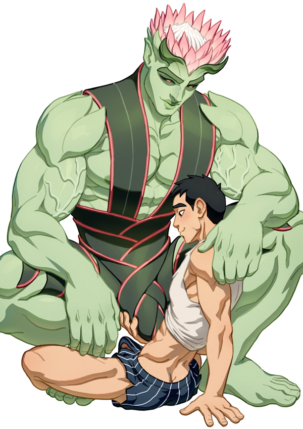 5_fingers black_hair boxers_(clothing) clothing duo fingers green_body green_skin hair human_on_humanoid humanoid_pointy_ears interspecies larger_humanoid male male/male muscular muscular_humanoid muscular_male not_furry plant pointy_ears shirt simple_background size_difference smaller_human tank_top topwear underwear vein veiny_muscles white_background schizoid proteus_(schizoid) xian_(schizoid) elemental_creature elemental_humanoid flora_fauna human humanoid mammal plant_humanoid