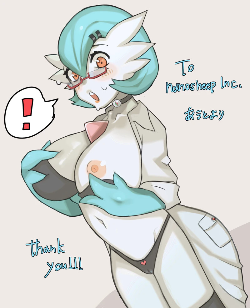 big_breasts bodily_fluids breasts clothing coat collar eyewear female glasses lab_coat nipples solo sweat topwear underwear azi_4081 nintendo pokemon dr._voir gardevoir generation_3_pokemon pokemon_(species) shiny_pokemon