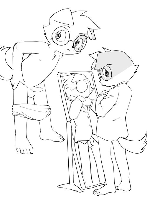 anthro balls clothed clothing eyewear genitals glasses looking_back male mirror partially_clothed penis simple_background solo topless underwear underwear_down white_background young young_anthro manmosu_marimo bincu canid canine canis domestic_dog mammal changing_(disambiguation) 2019 monochrome