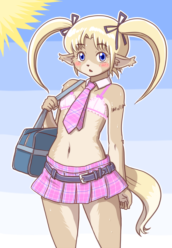 anthro bag belt biped blonde_hair blue_eyes blush bottomwear bra clothed clothing female flat_chested hair kemono midriff navel necktie open_mouth pigtails ribbons simple_background skimpy skirt solo standing underwear young young_anthro young_female kin-shun mammal unknown_species