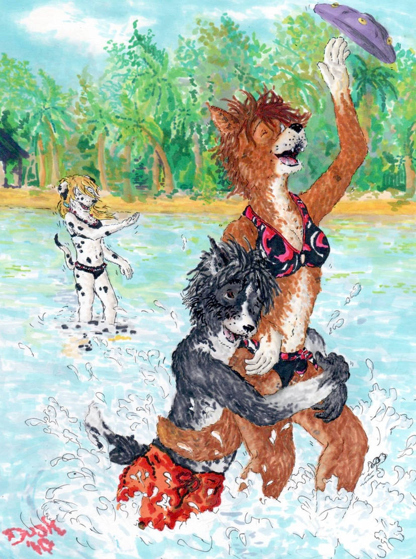 anthro beach clothing female frisbee group laugh male male/female trio scoundrel_scaramouche canid canine canis collie dalmatian domestic_dog herding_dog mammal pastoral_dog sheepdog