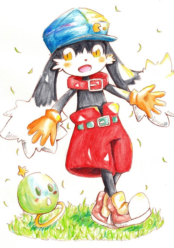 5_fingers anthro bottomwear clothed clothing collar duo fingers footwear gloves handwear happy leaf male open_mouth red_bottomwear red_clothing red_collar red_shorts shorts yellow_clothing yellow_eyes yellow_gloves yellow_handwear 8rapeco_kirin bandai_namco klonoa_(series) pac-man_(series) huepow klonoa pac-man 2014 japanese_description traditional_media_(artwork)