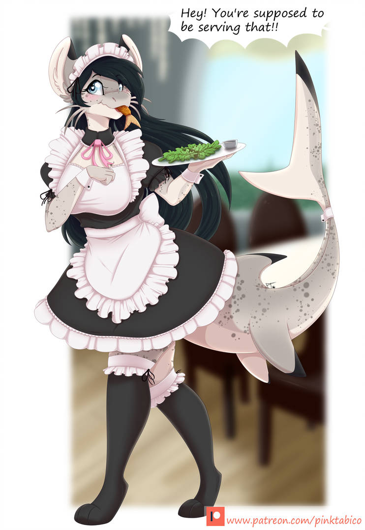 anthro blue_eyes blush breasts caught_in_the_act clothed clothing eating female fin footwear legwear maid_headdress maid_uniform non-mammal_breasts pose restaurant socks solo tail tail_fin text uniform waiter whiskers pinktabico whisky_catfish catfish fish marine english_text pinup