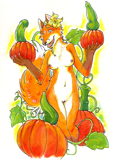 accessory anthro breasts claws dildo female finger_claws flower flower_in_hair food fruit genitals hair hair_accessory looking_at_viewer navel nipples nude plant pumpkin pussy sex_toy smile solo tail uaykan canid canine fox mammal 2006