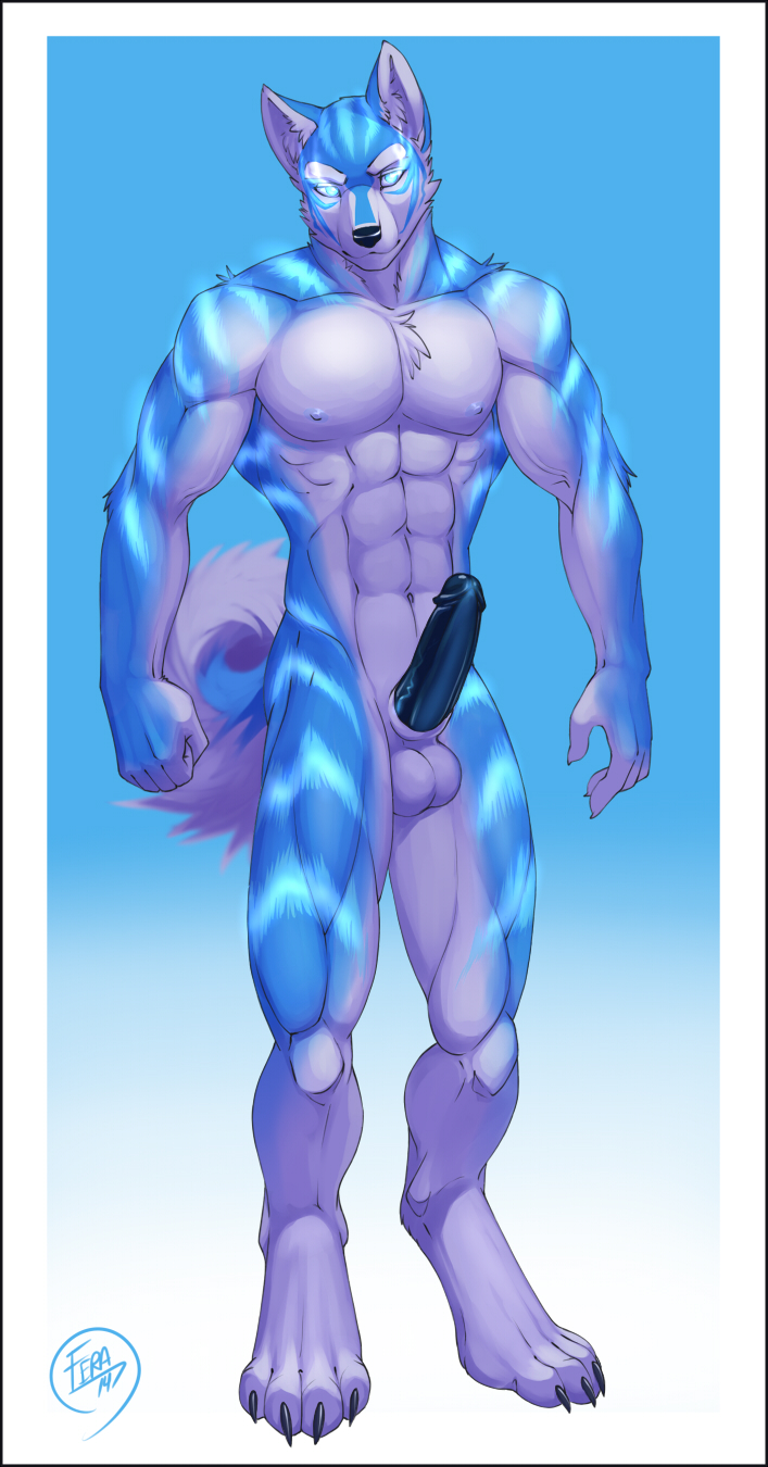 abs animal_genitalia anthro athletic balls belly biceps biped black_nose black_penis blue_body blue_eyes blue_fur chest_tuft claws digitigrade erection fist front_view fur genitals glowing glowing_eyes gradient_background humanoid_genitalia humanoid_penis looking_at_viewer male markings muscular muscular_anthro nipples nude pecs penis sheath simple_background solo standing stripes toe_claws tuft vein white_belly white_body white_fur feralise tundra_(blutaiga) alaskan_malamute canid canine canis domestic_dog mammal nordic_sled_dog spitz 2014 cool_colors hi_res