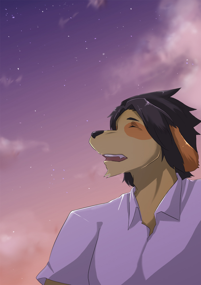 anthro black_hair black_nose clothing cloud eyes_closed fur gazing hair male open_mouth outside shirt simple_background sky solo star teeth topwear yellow_body yellow_fur mottirimoto morenatsu kyouji_(morenatsu) bird_dog canid canine canis domestic_dog hunting_dog labrador mammal retriever 2014