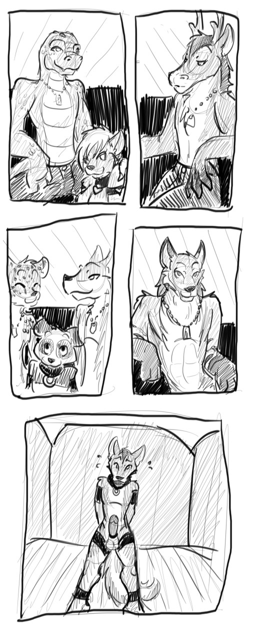 accessory anthro ball_gag biped cock_ring collar fur gag genitals group hair jewelry male penis penis_accessory penis_jewelry standing tatsuchan18 cobalt_(tatsuchan18) canid deer mammal 2016 comic hi_res monochrome sketch