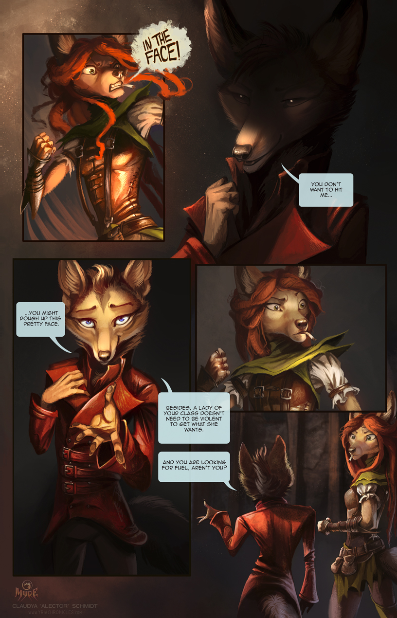 anthro attack_pose breasts cigarette dialogue duo eyebrows female fist grin hair looking_at_viewer male raised_eyebrow red_hair shadow_face smile smiling_at_viewer alectorfencer myre myre_(alectorfencer) canid canine mammal comic hi_res