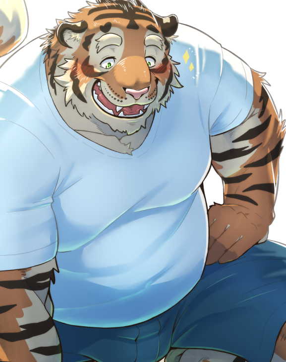 anthro belly blush bottomwear clothed clothing fur green_eyes hand_on_leg hand_on_thigh happy looking_down male musclegut muscular muscular_anthro muscular_male open_mouth orange_body orange_fur overweight overweight_male pink_nose sharp_teeth shirt shorts simple_background smile solo striped_body striped_fur stripes t-shirt teeth tongue topwear white_background bontiage felid feline mammal pantherine tiger digital_drawing_(artwork) digital_media_(artwork)