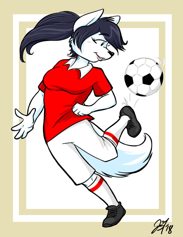 anthro ball black_hair black_nose breasts clothed clothing female fur hair soccer_ball solo white_body white_fur j3t canid canine canis mammal wolf 2018