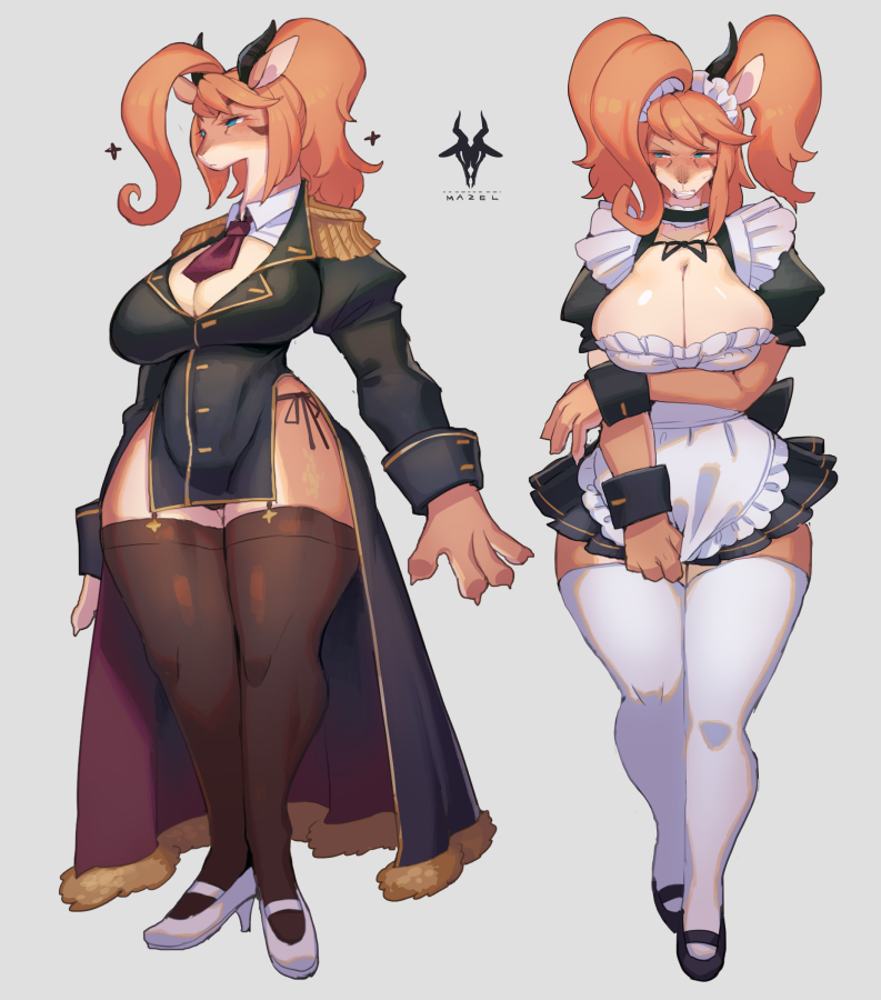 anthro big_breasts breasts clothed clothing female female_anthro fur kemono maid_uniform orange_body orange_fur panties side-tie_panties solo thick_thighs underwear uniform rikose mazel_(rikose) antelope bovid demon gazelle mammal