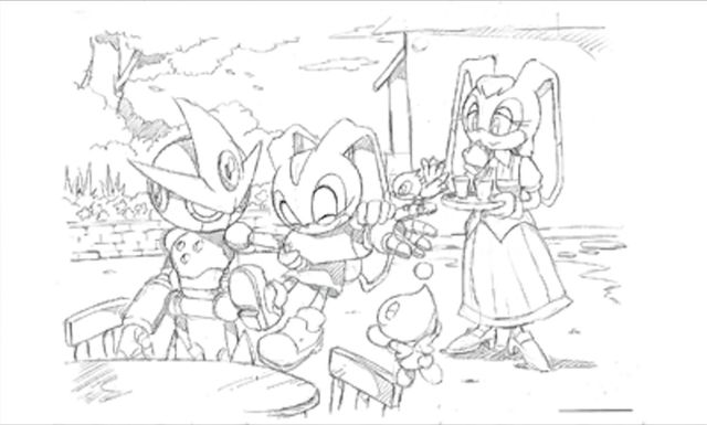 anthro clothed clothing eyes_closed female footwear gloves group handwear high_heels machine mature_anthro mature_female shoes wings yuji_uekawa sega sonic_the_hedgehog_(series) cheese_the_chao cream_the_rabbit gemerl_(sonic) vanilla_the_rabbit chao_(sonic) gizoid lagomorph leporid mammal rabbit robot concept_art monochrome official_art