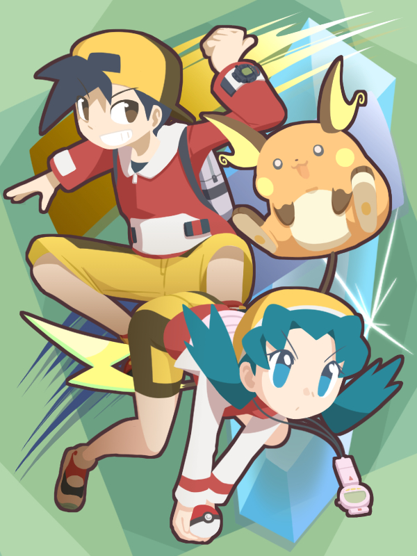 ambiguous_gender clothed clothing female feral group male open_mouth rairai-no26-chu nintendo pokemon ethan_(pokemon) kris_(pokemon) generation_1_pokemon human mammal pokemon_(species) raichu 2018 3:4