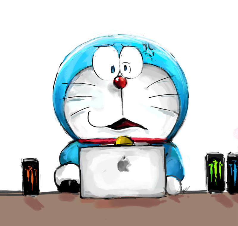 anthro bell beverage blue_body blue_fur can collar computer computer_mouse container electronics energy_drink eyebrows front_view fur furniture laptop machine male open_mouth red_collar red_nose simple_background solo table whiskers white_background white_body white_fur mt_tg apple_inc. apple_macintosh doraemon macbook monster_energy doraemon_(character) domestic_cat felid feline felis mammal robot 2019 shaded