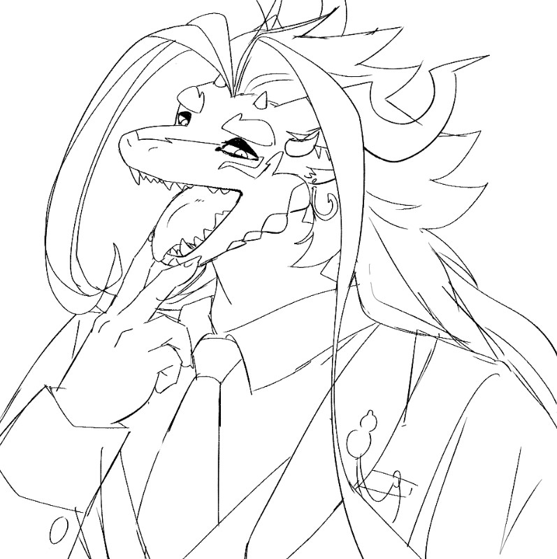 anthro clothing hair long_hair male mouth_shot necktie open_mouth sharp_teeth solo suit teeth amesawapane lifewonders mythology tokyo_afterschool_summoners fuxi_(tas) dragon mythological_creature mythological_scalie scalie line_art monochrome