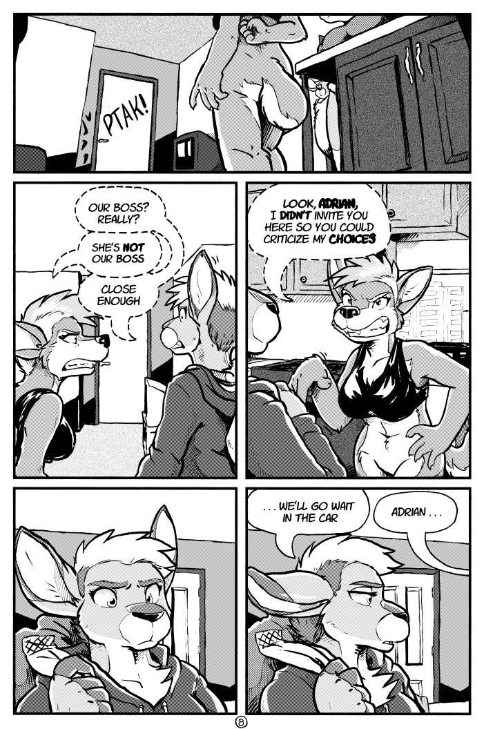 anthro bottomless casual_exposure clothed clothing dialogue female speech_bubble text rick_griffin ah_club adrian_gray hildegard_rothschild canid canine canis kangaroo macropod mammal marsupial wolf 2014 comic digital_media_(artwork) english_text greyscale monochrome