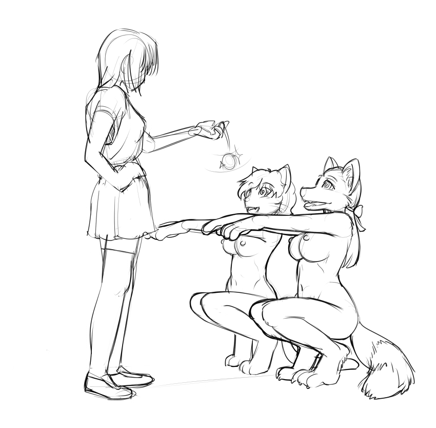 anthro bottomwear breasts clothing crouching female group hypnosis mind_control nipples nude skirt submissive tail sleepymaid canid canine domestic_cat felid feline felis fox mammal black_and_white monochrome sketch