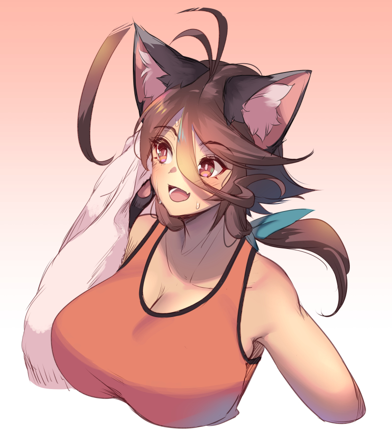 big_breasts bodily_fluids breasts brown_hair clothing female hair inner_ear_fluff open_mouth shirt simple_background smile solo sweat tank_top topwear towel tuft nekoarashi yagatake_arashi animal_humanoid cat_humanoid felid felid_humanoid feline feline_humanoid humanoid mammal mammal_humanoid 2019 half-length_portrait portrait