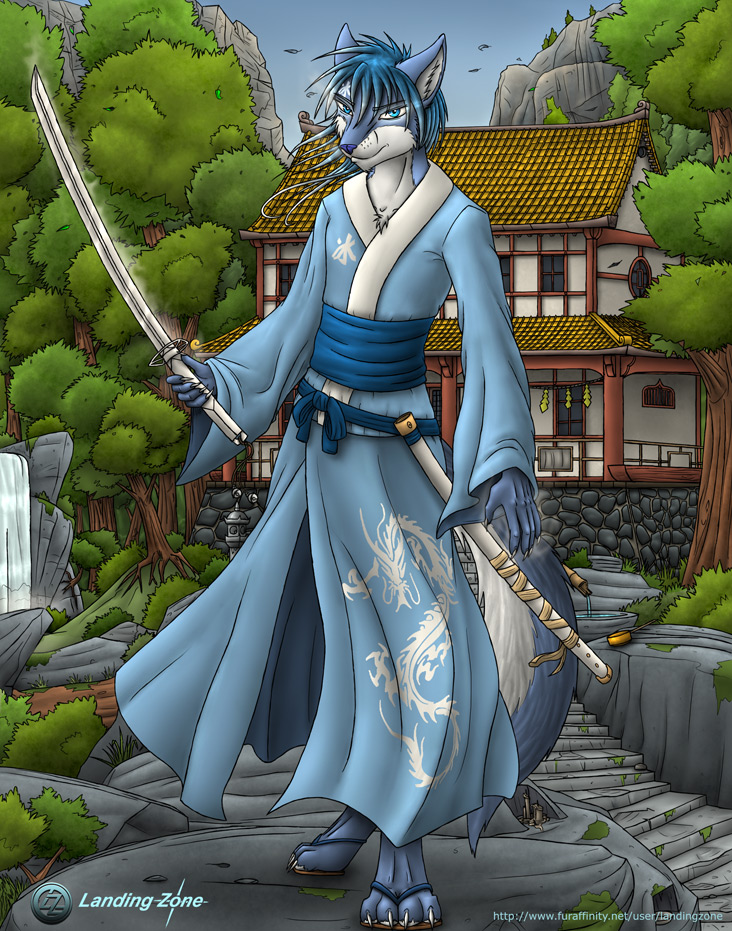 anthro biped blue_eyes blue_hair building hair house katana long_hair looking_at_viewer male melee_weapon plant samurai solo standing sword tail tree warrior water weapon wood landingzone shadowzero20 canid canine canis mammal wolf yuki_(disambiguation) 2009