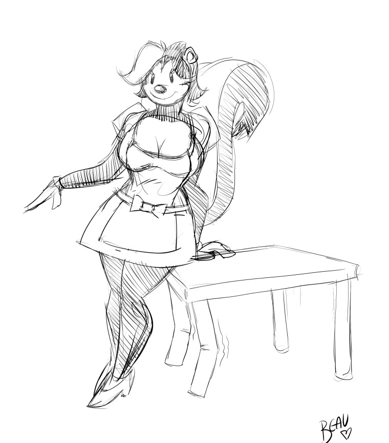 anthro breasts cleavage clothed clothing dirndl dress female furniture overweight smile solo table toony naughtyjester greta inkblot mammal mephitid skunk 2010 monochrome