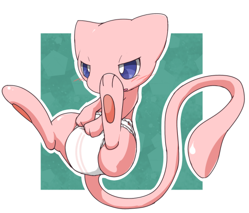 ambiguous_gender blue_eyes blush clean_diaper clothed clothing diaper diaper_only fur pink_body pink_fur simple_background solo tail topless wearing_diaper mei_(artist) nintendo pokemon generation_1_pokemon legendary_pokemon mew_(pokemon) pokemon_(species) 2016 low_res