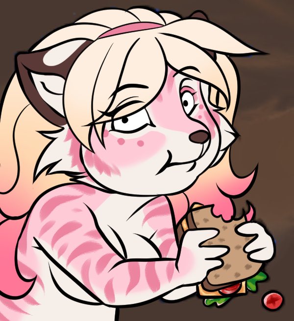 anthro blonde_hair brown_nose cheek_tuft facial_tuft female food fur gradient_hair hair holding_food holding_object holding_sandwich looking_at_viewer multicolored_hair pink_body pink_fur pink_hair sandwich_(food) simple_background simple_eyes solo striped_arms tuft two_tone_hair white_body white_fur tiggybloom can't_enjoy krystal_can't_enjoy_her_sandwich marzipan_(spottedtigress) felid mammal pantherine tiger meme